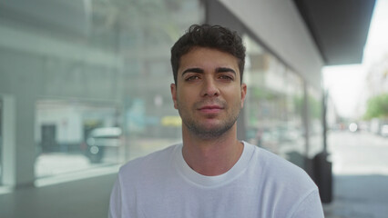 Man shows face closeup with steady gaze across street backdrop featuring young hispanic male in urban portrait with relaxed head posture.