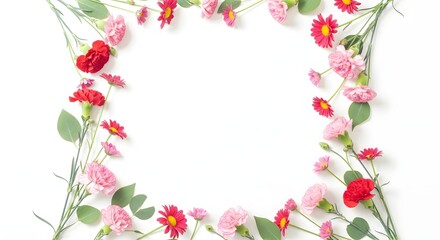 Fototapeta premium Floral border frame with red and pink flowers and green leaves