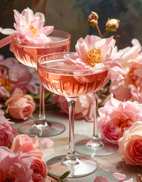 Elegant pink floral cocktails garnished with blooming roses in a romantic garden setting