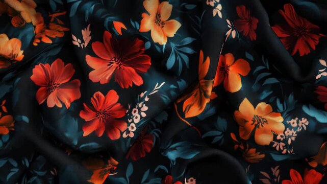 Video A detailed view of a colorful floral print fabric, perfect for textile designs or fashion inspiration