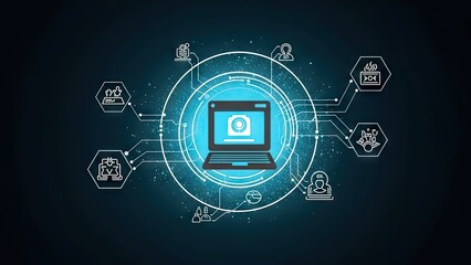 Abstract illustration of laptop computer with social media icons