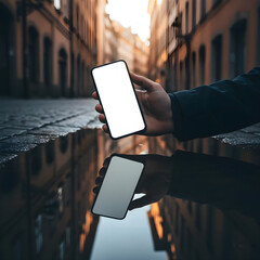 Smartphone reflection on wet street surface with hand holding phone at night