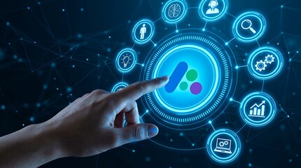 A human hand interacts with a glowing digital interface displaying various interconnected icons representing abstract concepts and data points in a futuristic network technology connection