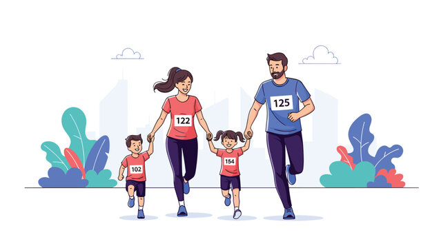 Happy family of four running together in a city marathon wearing race bibs and athletic clothing for health and fitness goals.