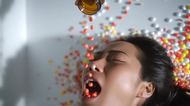 Pills falling from bottle above woman mouth, overdose risk concept