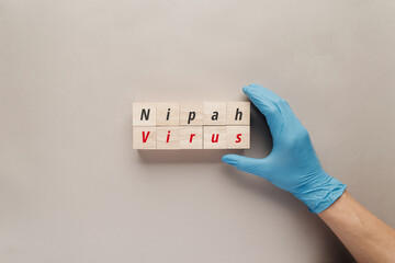 A hand in a blue medical glove arranging wooden blocks that spell Nipah Virus. High-angle view on a neutral background, symbolizing medical research, disease control, and viral outbreak prevention.