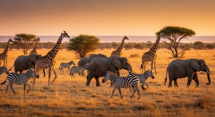 Fototapeta premium African savanna landscape with giraffes, elephants, zebras during golden hour