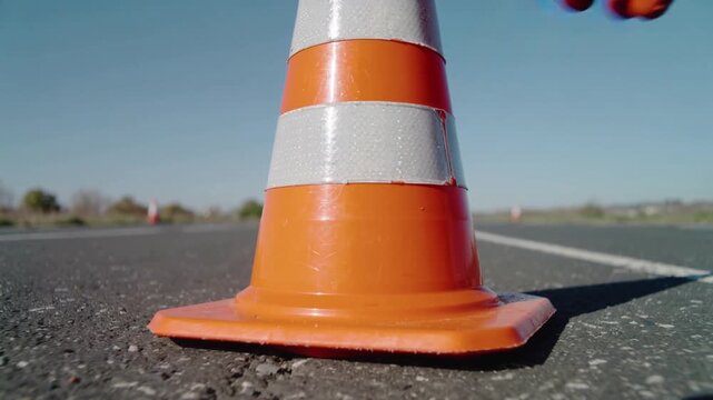 woman setting traffic cone. Woman Placing Orange Traffic Cone on Road, Safety Barrier, Roadwork, Traffic Control, Construction Warning Sign, Outdoor