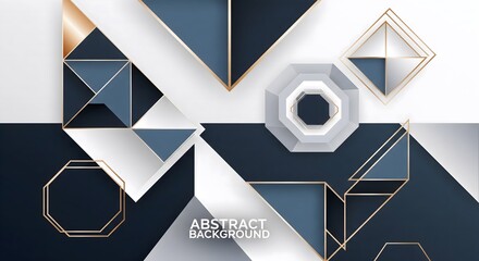 Modern abstract design with geometric shapes. Various angles, depths, and colors create an intriguing, layered design. Gold accents enhance elegance. Dark blue, white, and gray tones