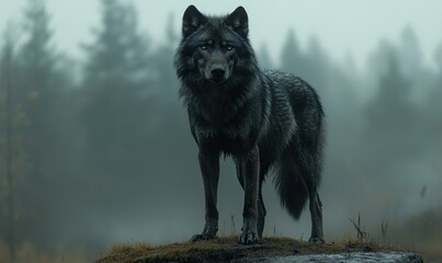 Fototapeta premium Majestic Dark Wolf Stares Intently in Misty Forest Landscape Art