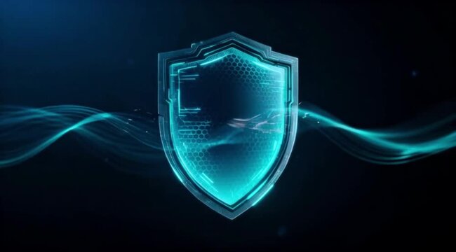 Digital Cybersecurity Shield Icon with Glowing Hexagon Pattern and Wavy Lines. 4k slow motion.