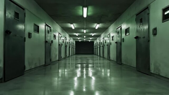 Creepy green mental asylum corridor with fluorescent lights