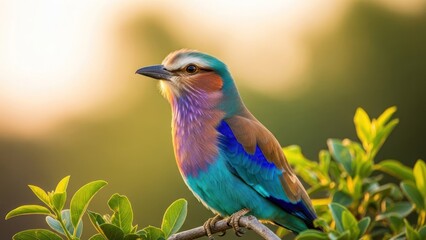 Obraz premium Colorful Lilac-breasted roller perched on a branch, bright bokeh background