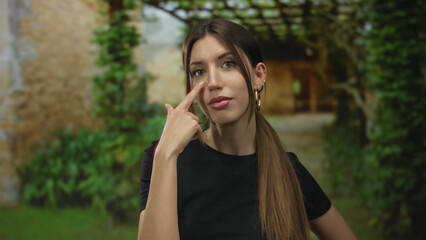 Fototapeta premium Woman with long brown hair wearing gold hoop earrings touches her eye with a finger at building entrance; focus calm.