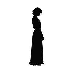 Elegant woman silhouette in long dress side view on transparent background