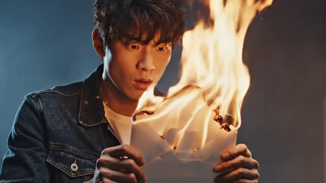 A captivating close-up captures a young adult with an intense and slightly surprised expression, holding a white document, possibly an envelope, that is vigorously engulfed in vibrant orange flames. T