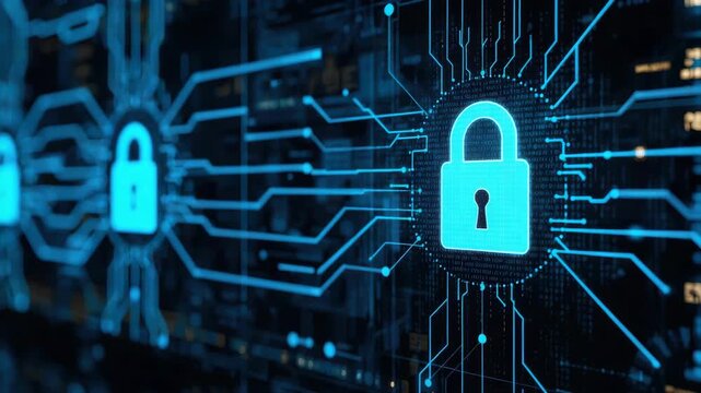 Secure digital padlock icon illuminated circuit board network conveying cybersecurity data