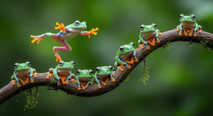 Frogs on a branch, one leaping, against soft green background