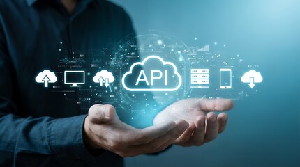 A person's cupped hands present a glowing cloud interface with the word API in the center surrounded by digital icons representing data servers and devices in a futuristic network application
