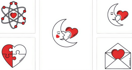 Set of romantic line art icons with hearts, moon and puzzle pieces PNG