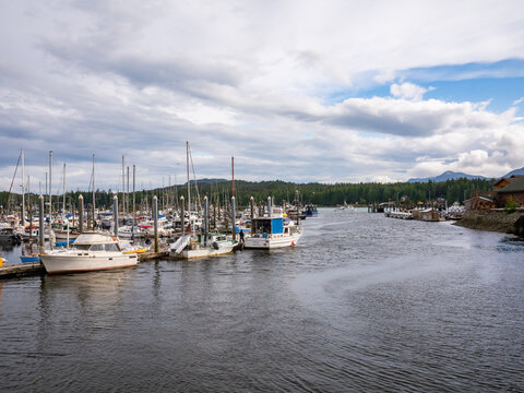 View of boats bobbing gently in the harbor under a vast, cloudy sky, the dark water contrasting with the bright hulls, Ketchikan, Alaska, United States.