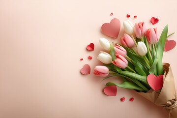 Bouquet of pink and white tulips with paper hearts on a soft background for a special occasion or celebration, frame. Concept of Saint Valentine's Day and 8 March