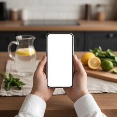 Smartphone held with both hands in kitchen setting showing blank screen for app presentation