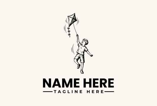 A minimalist line drawing of a person flying a kite with a customizable name and tagline on a beige background, featuring a logo and vector illustration design.