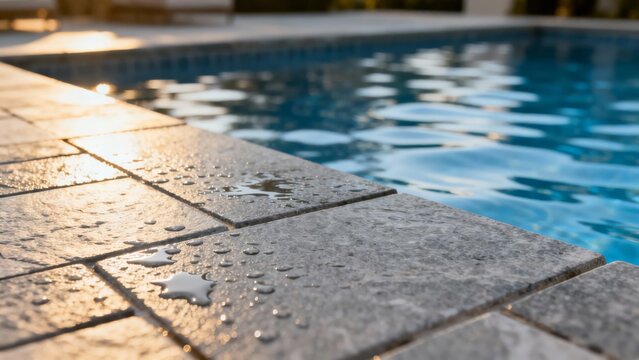 Wet Pool Deck Tiles Shimmering With Droplets, Sunrise Light Catching Textured Paving And Water Beads On Surface, Emphasis On Safety, Grip, And MaintenanceReady Materials