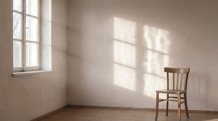 A Solitary Wooden Chair Bathed in Warm Sunlight by a Dusty Window