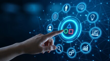 Human finger touching a glowing digital interface network with interconnected icons representing technology business and human connection data communication innovation futuristic abstract