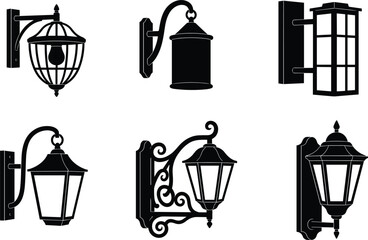 Vintage wall lantern set with classic outdoor sconces antique lighting fixtures vector illustration decorative architectural design collection © MstBabli