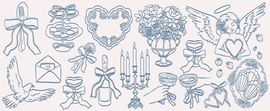 Hand drawn wedding ceremony illustrations. Wedding icons in victorian, baroque or rococo style with whimsy elegant ornaments and lace decorations. Trendy romantic elements for invitations and menus.