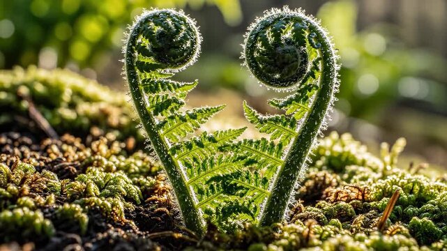 Heart shaped fern fiddlehead unfurling in springtime