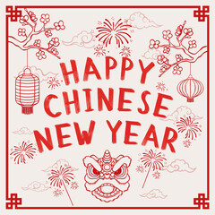 Chinese new year greetings with hand-drawn elements. Vector illustration chinese new year for social media or festive events.