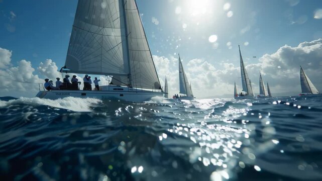 Sailboats race across choppy ocean waves under a bright, sunlit sky with clouds