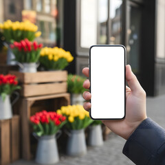 Hand holding smartphone with blank screen outdoors near flower shop for mobile app mockup
