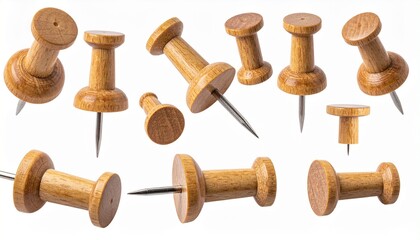set of wooden push pins in various positions isolated on white