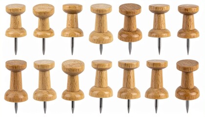 set of wooden push pins in various positions isolated on white background