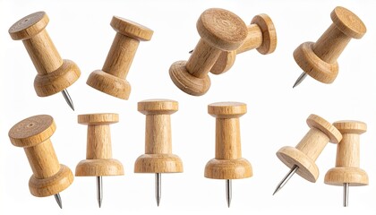 set of wooden push pins in various positions isolated on white or transparent background