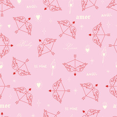 Cute coquette valentines day seamless pattern. Cupids bow and arrow. Hand drawn doodles.