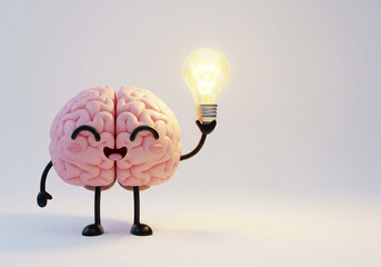 Cute Brain Character with Light Bulb Idea Concept on White Background