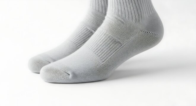 Close up view of a pair of thick grey athletic crew socks showing textured knit details against a bright white background emphasizing textile comfort and fit.
