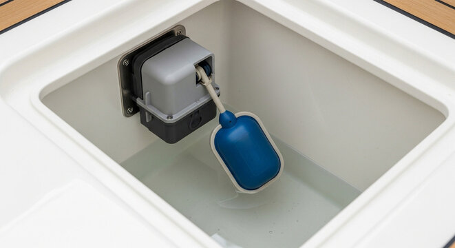 Marine Float Switch Installed in Bilge Compartment &ndash; Water Level Control Device