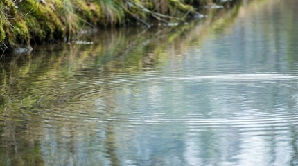Clear Rippling Stream Water Reflecting Forested Greenery and Blue Sky in Natural Light
