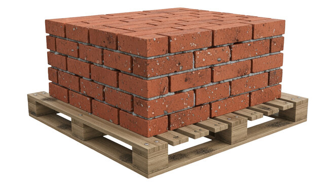 Stack of Red Bricks on Wooden Pallet Isolated on White