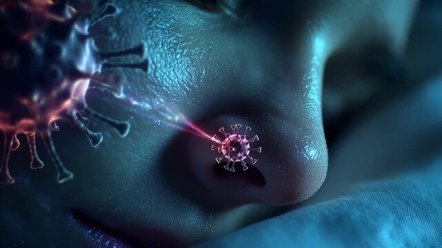 Sleeping Person Face Close Up With Dangerous Virus Particles Floating