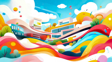Dynamic Modern Campus or Cityscape Illustration with Vibrant Wavy Landscapes, Abstract Buildings, and Playful Colors, Evoking Innovation and Creative Urban Environments