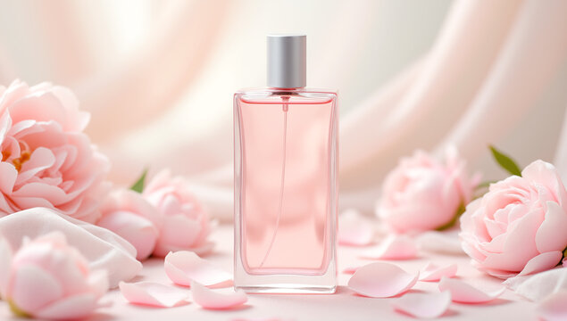 Luxurious pink perfume bottle mockup with roses and soft fabric drapery in romantic feminine style on pastel background for fragrance advertising beauty branding valentines gifting,copy space