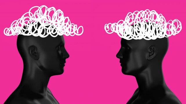 Two black human body with scribble cartoon cloud above. Realistic collage art composition in creative modern stop motion style. Minimal abstract graphic concept design. Fashion loop animation.